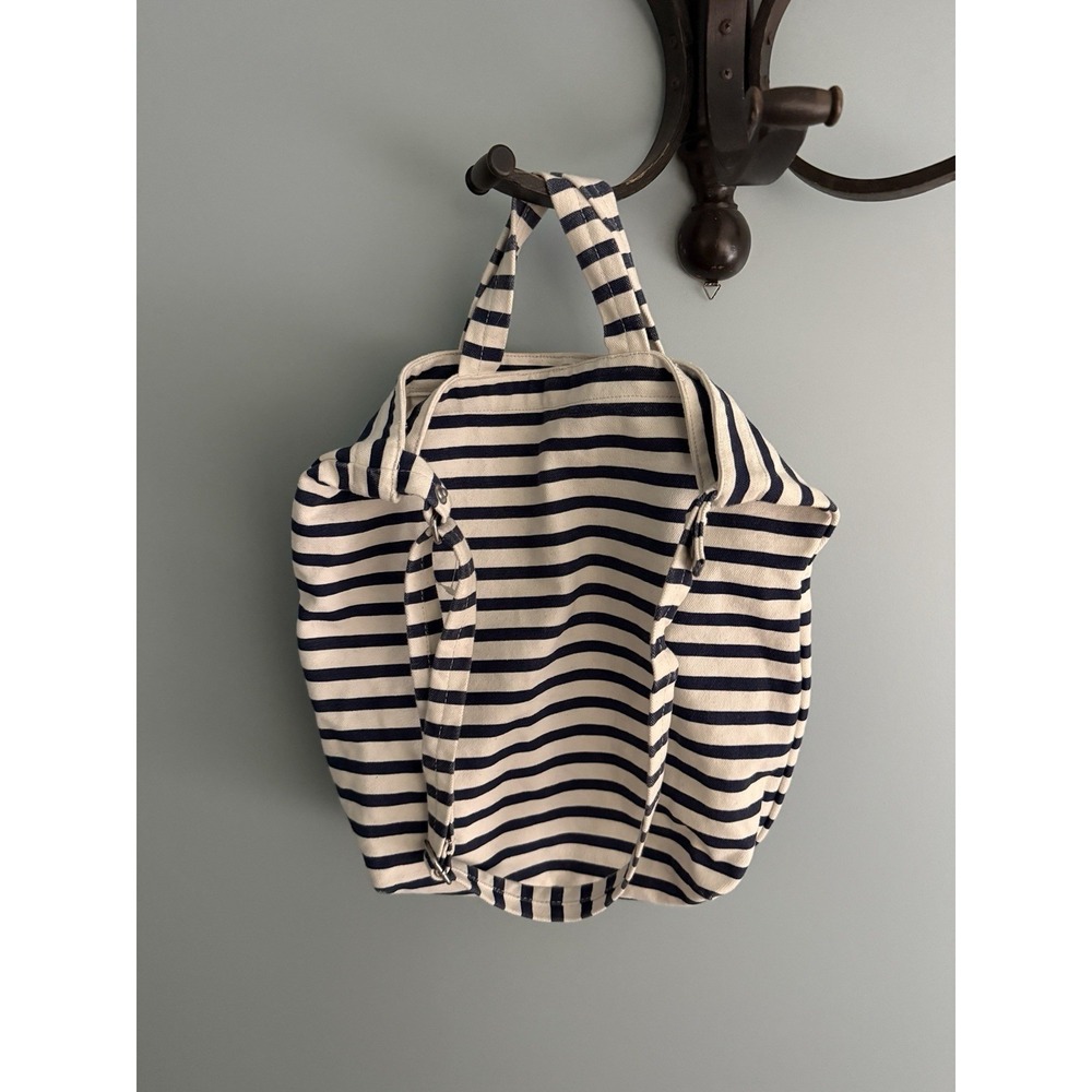 BAGGU Sailor Stripe Canvas Duck Tote Bag Navy Ivory/White - Picture 1 of 14